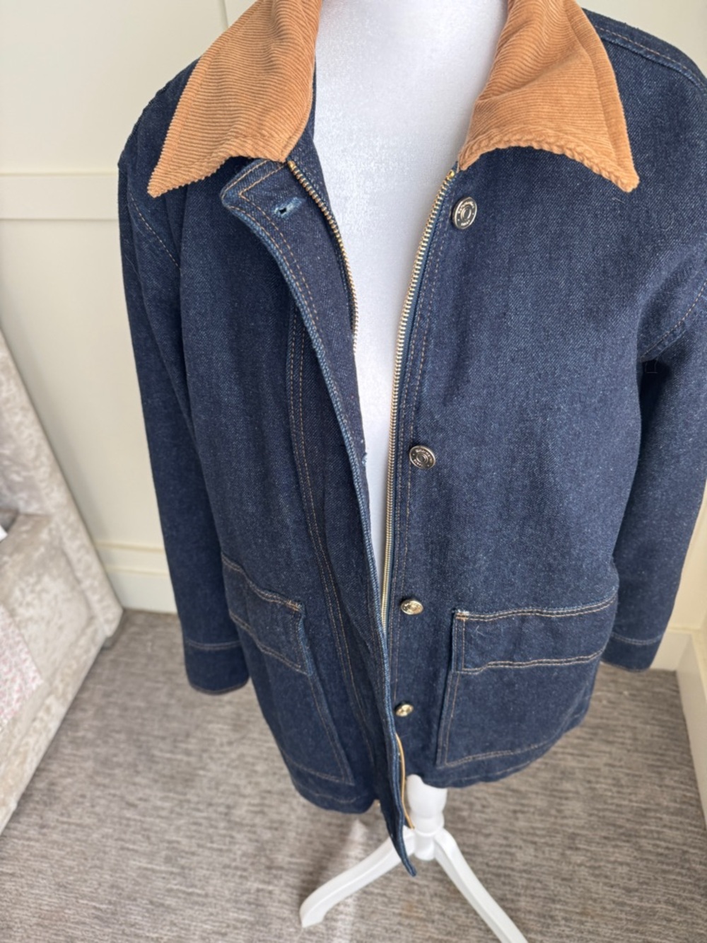 Reformation Navy Denim Field Jacket with Brown Corduroy Collar - Picture 5 of 12